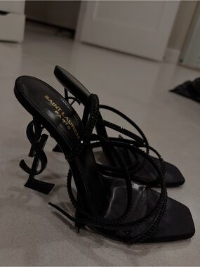 Saint Laurent Black Braided-Strap Logo-Heel Sandals